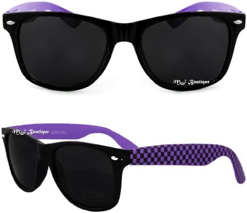 Black & Purple Checker Two Tone Wayfarer Sunglasses Dark Lens 80s Retro