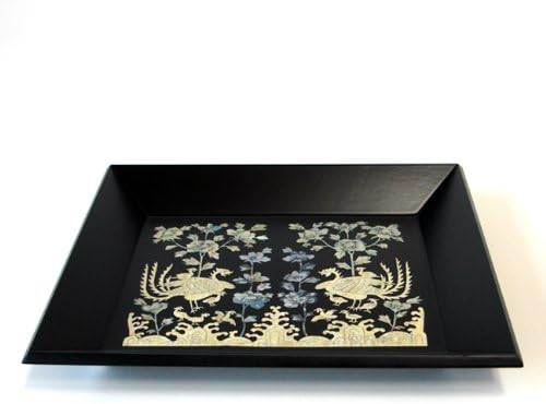 Mother of Pearl Inlay Art Lacquer Finish Phoenix Family Imaginary Flower Design Rectangular Handmade Black Wood Snack Tea Coffee Wine Serving Platter Tray Plate