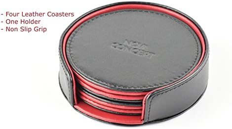 Round Leather Drink Vintage Coasters Mat with Holder Set of 4 Red &amp; Black Suitable for all home &amp; Commercial use