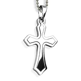 Stainless Steel Two Piece Laser Cut Cross Pendant on 24 inch Polished Ball Chain