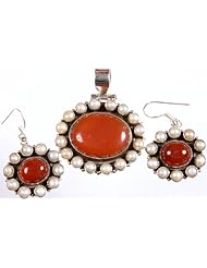 Carnelian and Pearl Pendant with Matching Earrings Set - Sterling Silver