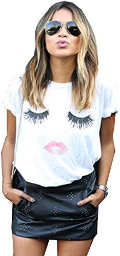 VEQKING Women's Summer Eyelashes Red Lip Diamand Printed Short Sleeve T-Shirt (S)