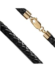 18K Yellow Gold Black Braided 4mm 20" Leather Cord Necklace