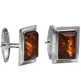 Mens Sterling Silver Honey Amber Rectangular Classic Cuff Links