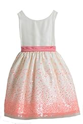 Girls Sequined Tea Length Satin  Dress With a Sash 