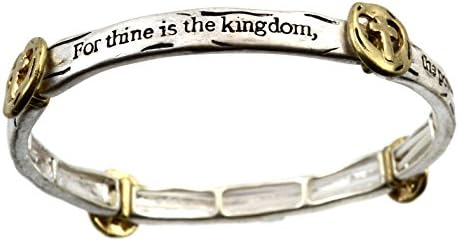 Lord's Prayer Inspirational 2 Tone Goldtone Silvertone Stretch Bracelet with Cross Charm At Each Link 597