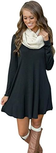 RUNCENT Women Loose V Neck Long Sleeve Stretch Solid A-Line Short Dresses