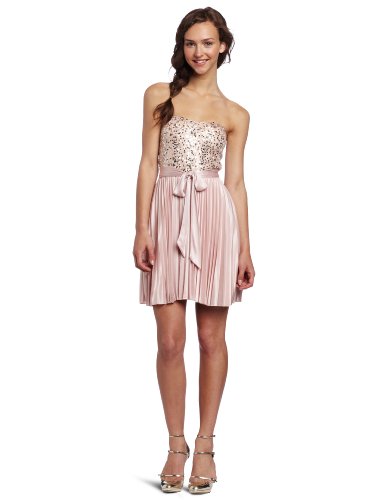 As U Wish Juniors Sequin Corset Strapless Pleated Dress, Pink, Small