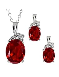 5.67 Ct Genuine Oval Red Garnet Gemstone 14k White Gold Pendant Earrings Set
