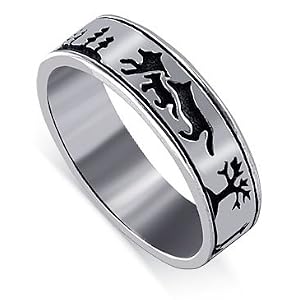 Southwestern Native American Style Running Wolf Band Ring in Sterling Silver with Turquoise Chip Inlay