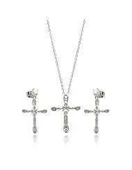 Nickel Free Sterling Silver Necklace & Earring Sets Bamboo Cross With Cubic Zirconia Stones Set Pendant 18Mm X 25Mm Earring 14Mm X 22Mm Chain 16-18 Inches