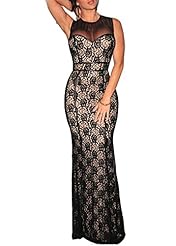 Sexy Illusion Mesh Lace Faux-Leather Maxi Dress 