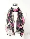 Chiffon Pink Floral Print on Black - Silk Long Scarf 21