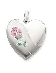 Genuine .925 Sterling Silver 24mm Satin, Enameled, D/C Rose Locket. 100% Satisfaction Guaranteed.