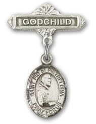Sterling Silver Baby Badge with St. Pio of Pietrelcina Charm and Godchild Badge Pin