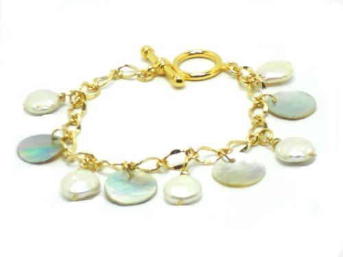 14 Kt Gold Bracelet with White Cultured Pearls and Natural Mussel Shells