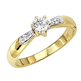 14K Yellow Gold Solitaire with Round Side Stone CZ Cubic Zirconia High Polish Finish Wedding Engagement Ring Band for Women - Size 4: The World Jewelry Center: Jewelry