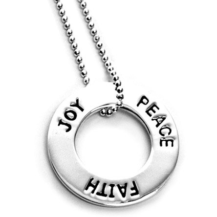 Sterling Silver Peace Faith Joy Inspirational Open Circle Pendant with 1.2mm Shotbead Necklace 16in