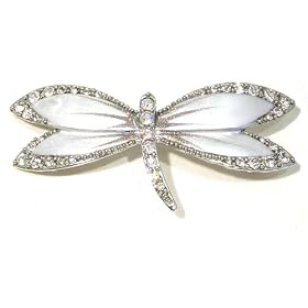 Clear & AB Austrian Rhinestone & White Creamy Enamel Dragonfly Silver-Plated Brooch Pin