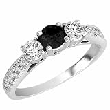 10K Gold Round 3 Stone Diamond and Onyx Ring With Milgrain Pave Set Shank (0.95 ctw)