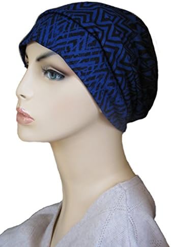 Comfy Soft Blue Tribal Cotton Chemo Beanie Hat Slouch Cap for Hairloss Cancer Headwear