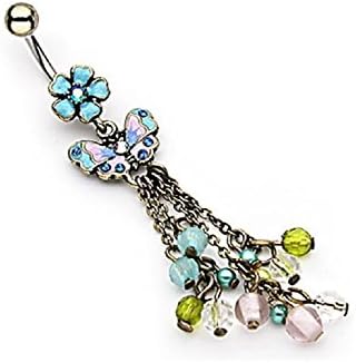 Vintage Butterfly and Flower with Beads Dangle Navel Ring 14g 3/8"