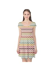 Linen/Polyester/Spandex Cap Sleeves Stretchy Chevron Print Zig Zag  Dress