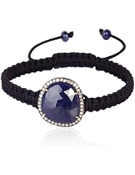 Blue Sapphire Charm Diamond Pave 18kt Gold Macrame Cord Bracelet Handmade Jewelry