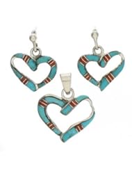 Turquoise And Coral Southwest Heart Pendant Earring Set EX29399