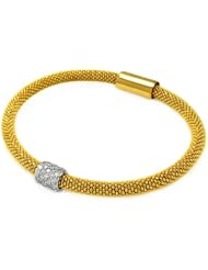 .925 Sterling Silver Yellow Gold Plated Mesh Design 8mm Italian Bracelet Band with Rhodium Plated Pave CZ Bar Center - 7" Inches