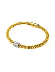 .925 Sterling Silver Yellow Gold Plated Mesh Design 8mm Italian Bracelet Band with Rhodium Plated Pave CZ Bar Center - 7" Inches