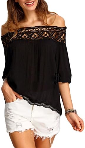 Sexy Women Boat Neck Off Shoulder Blouses Lace Splice Chiffon Wave T-shirt (S, Black)