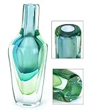 100% Handcraft Murano Glass Art Blue Green Vase w/ Gem Cut Bottom