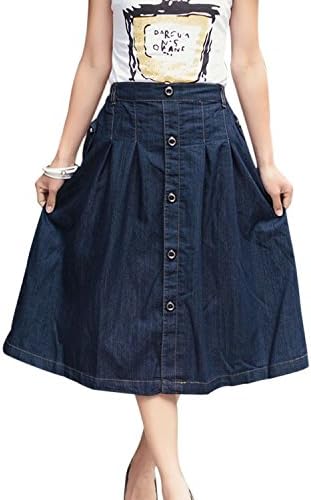 Women's Casual Maxi Long A-Line Flared Pleated Denim Skirt,Large