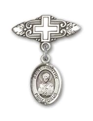 Sterling Silver Baby Badge with St. Timothy Charm and Badge Pin with Cross