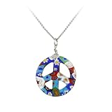 Sterling Silver Rolo Chain with Hand-Blown Multi-Colored Glass Peace-Sign Pendant, 18