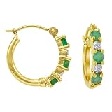 14k Yellow Gold Emerald and Diamond Hoop Earrings