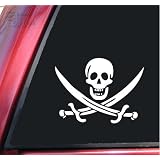 Pirate Skull and Crossed Swords Jolly Roger Vinyl Decal Sticker - White