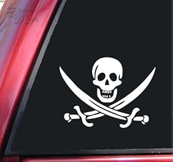 Pirate Skull & Crossed Swords Jolly Roger Vinyl Decal Sticker - White