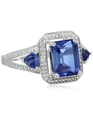 Sterling Silver Created Ceylon Sapphire and Diamond-Accented 3-Stone Ring, Size 7