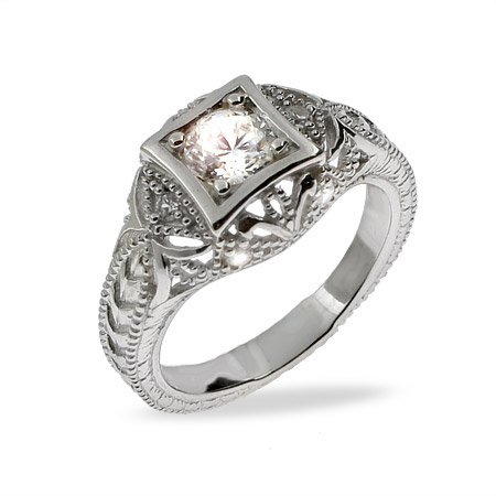 Eve's Addiction Vintage Deco Style Sterling Silver CZ Engagement Ring