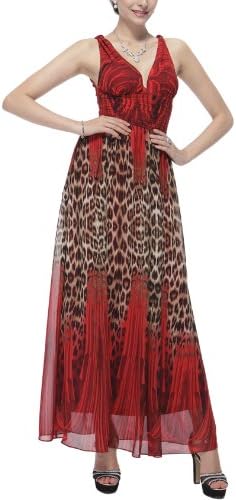 Women's Sexy Deep V Chiffon Leopard Print Long Swing Evening Cocktail Gown XX-Large