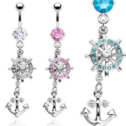 Clear Navel Ring with Gem Paved Ship's Wheel and Anchor Dangle - 14G 3/8