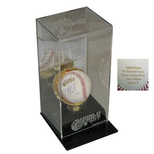 Autographed Jonathan Papelbon 2007 World Series Baseball Engraved with Stats with 2007 World Series Logo Engraved Display Case