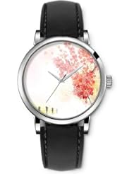 SPRAWL Aanalog Fashion Series Silver Ladies Watches of Genuine Black Leather Strap,Unique Wrist Watch for Women Girls Designed with Branches of red leaves