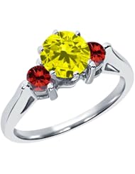 0.68 Ct Round Canary and Cognac Red Diamond 18K White Gold 3-Stone Ring