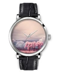 SPRAWL Aanalog Fashion Series Silver Ladies Watches of Genuine Black Leather Strap,Unique Wrist Watch for Women Girls Designed with Peach Tree