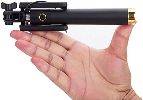 Mini Metallic Selfie Stick.Wired Camera Stick. Compatible with all iPhone, Samsung &amp; Android smartphones. Use as a Monopod for camera. Connects to headphone jack. Get yours Now! BLACK w/ Carrying Bag