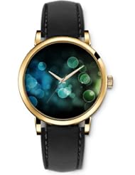 SPRAWL Aanalog Fashion Series Gold Ladies Watches of Genuine Black Leather Strap,Unique Wrist Watch for Women Girls Designed with Bubbles greenish black background