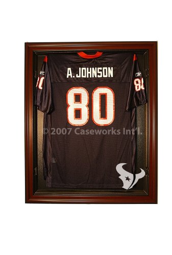 Houston Texans Football Jersey Display Case Cabinet Style with Mahogany Finish Frame